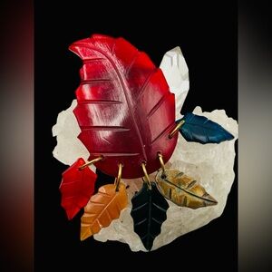 Vintage Hand Carved Lucite Leaf Dangle Brooch OOAK